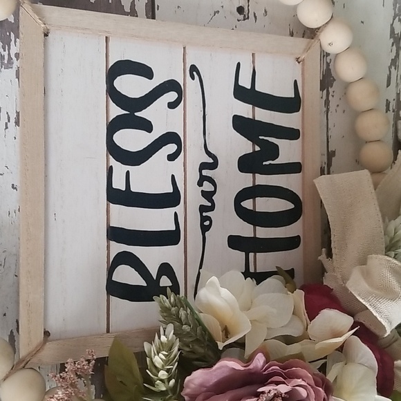 Floral beaded Wreath With Bless our Home farmhouse sign - Picture 2 of 4